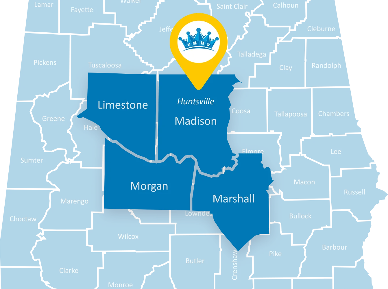 Crown Service Termite and Pest Service Area Map Huntsville Alabama